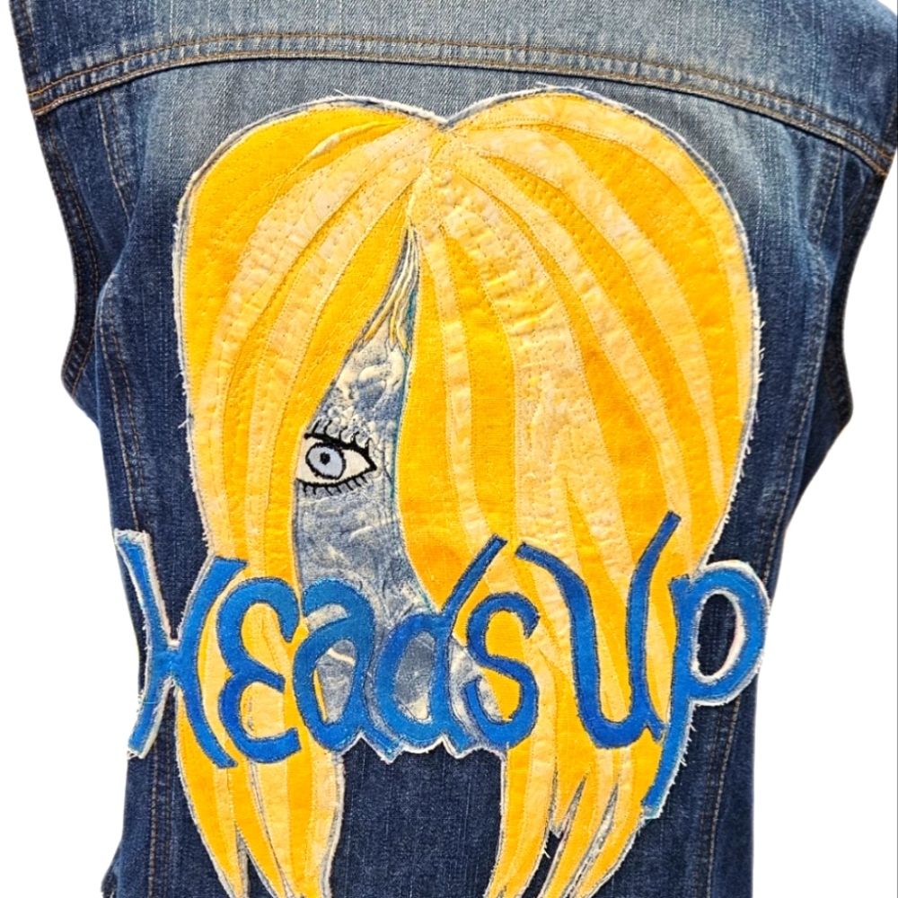 UPCYCLED☆HANDMADE VINTAGE JACKET QUILTED "HEADSUP" FRONT LACED VEST !! MED-LG